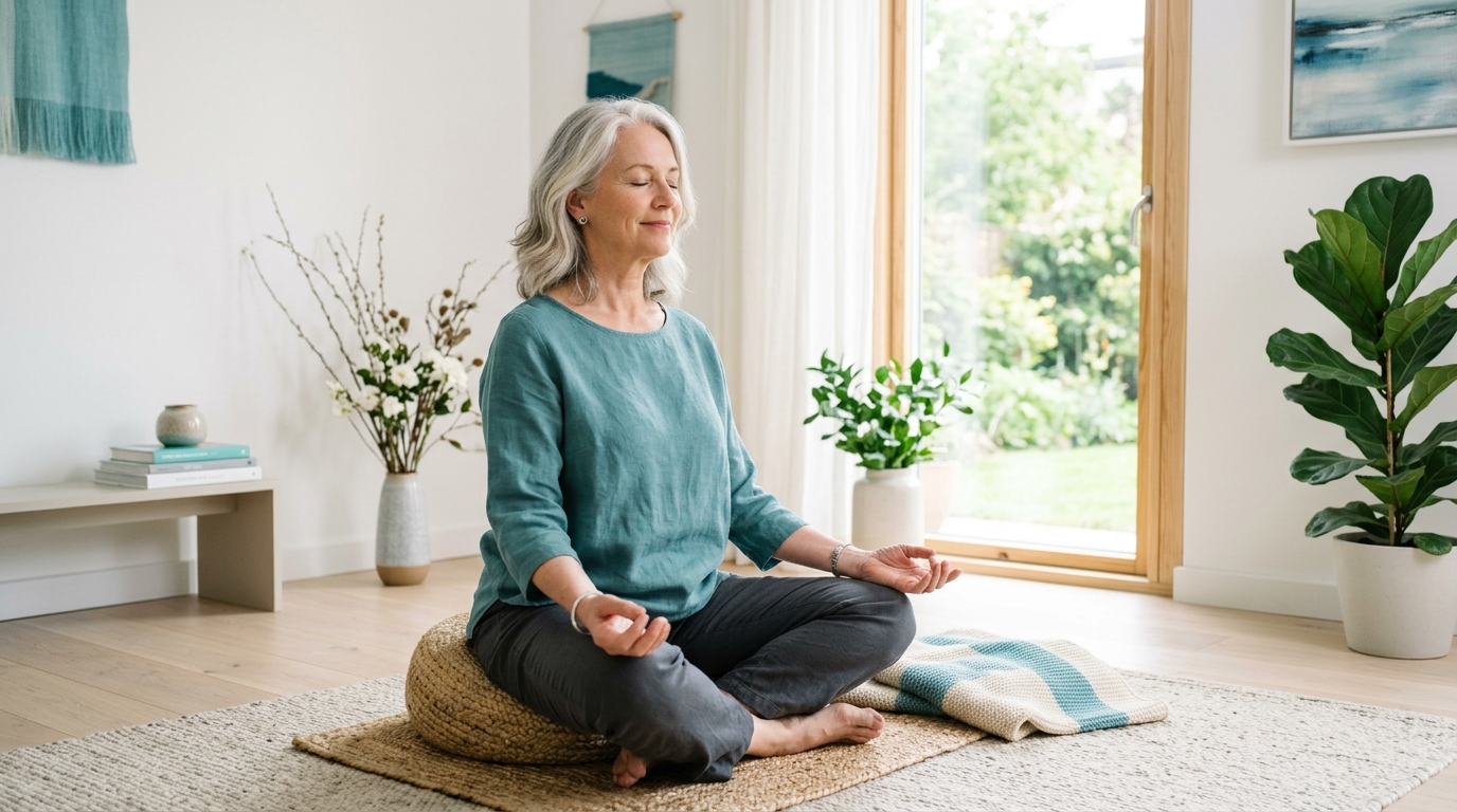 Femme sereine en méditation dans un environnement paisible